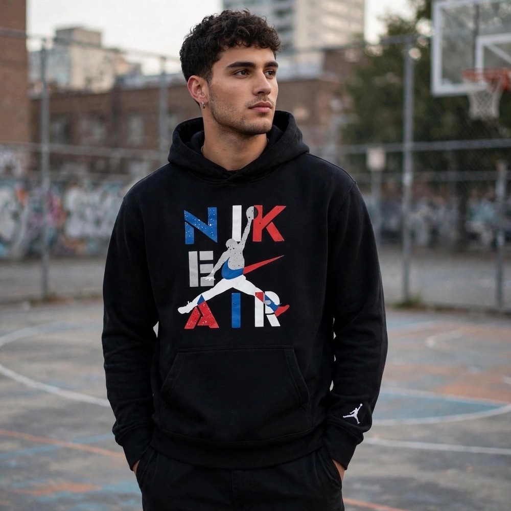 Nike Air Jordan Graphic Hoodie Black Size Medium Jumpman Athletic Pullover